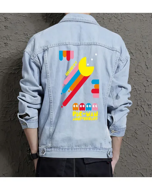 Supper Pacman Denim Jacket - Stylish Gift for Gamers - Retro Men's Outerwear - Father's Day Present - Light Blue - Main View