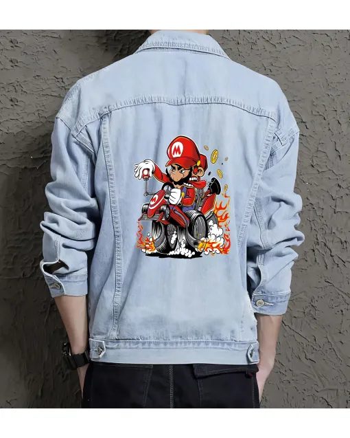 Supper Payaso Biker Denim Jacket - Retro Gaming Gift - Stylish Men's Outerwear - Birthday Present - Light Blue - Main View