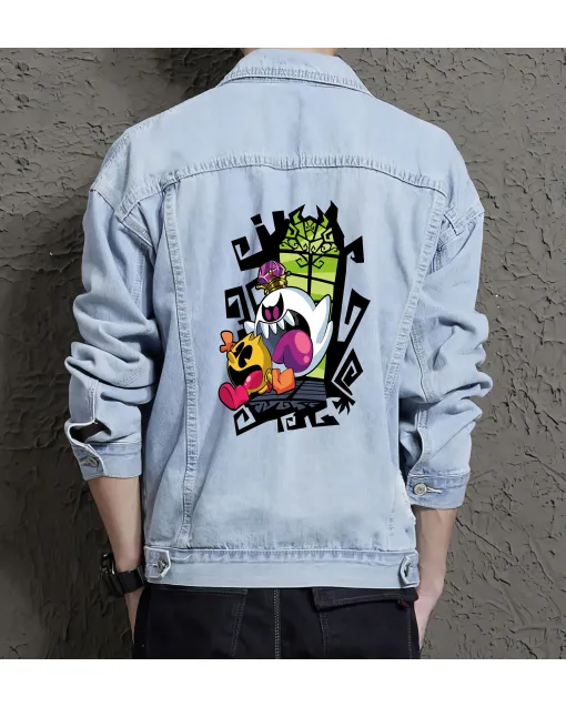 Supper Payaso Denim Jacket - Retro Gamer Gift - Trendy Outerwear for Men - Father's Day Present - Light Blue - Main View