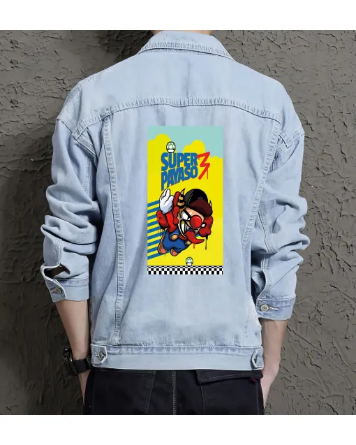 Supper Payaso Men's Jean Jacket - Retro Gaming Gift - Stylish Denim for Men - Holiday Present - Light Blue - Main View