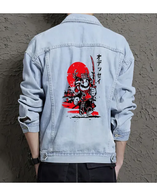 Supper Payaso Sumerai Men's Denim Jacket - Retro Gaming Gift - Stylish Outerwear - Birthday Present - Light Blue - Main View