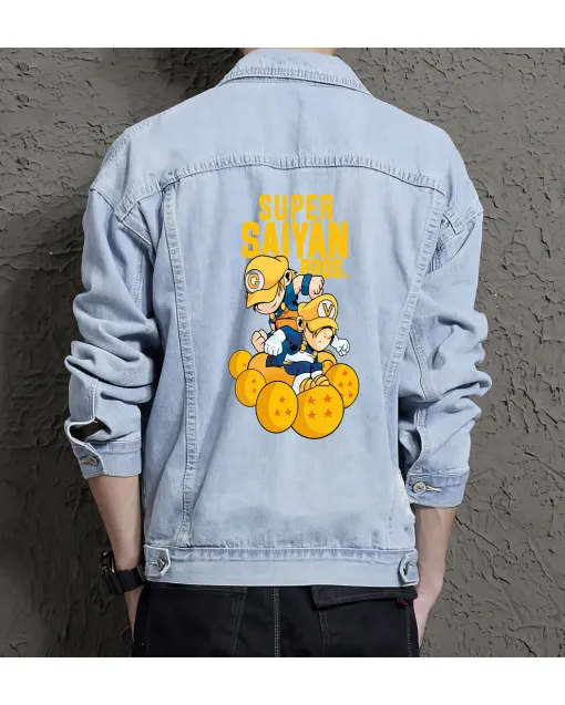 Supper Sayyan Bros Men's Denim Jacket - Retro Gaming Gift - Stylish Outerwear - Christmas Present - Light Blue - Main View
