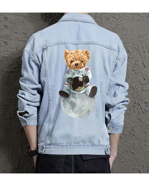 Teddy Astronaut Jean Jacket for Men – Gift for Streetwear Fans – Christmas Gift - Light Blue - Main View