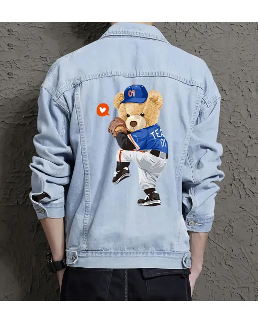 Teddy Baseball Jean Jacket for Men – Gift for Teen Boys – Christmas Gift - Light Blue - Main View