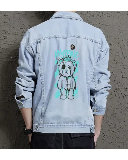 Teddy Bear Jean Jacket for Men – Gift for Streetwear Fans – Christmas Gift - Light Blue - Main View