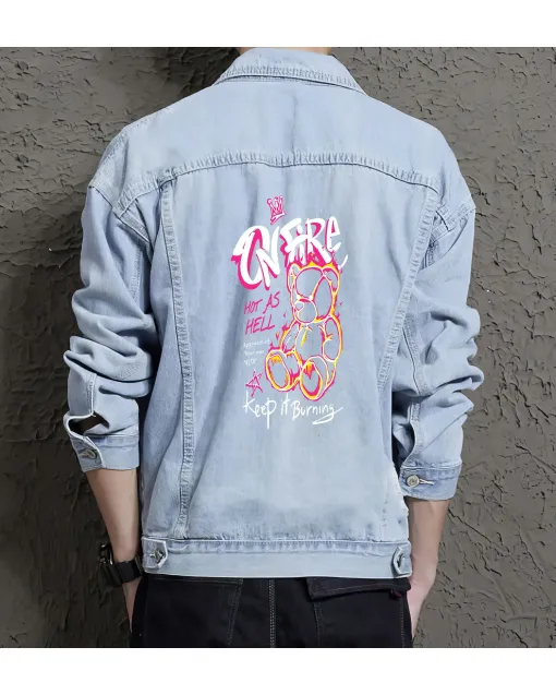 Teddy Bear Jean Jacket for Men – Gift for Streetwear Fans – Christmas Gift - Light Blue - Main View