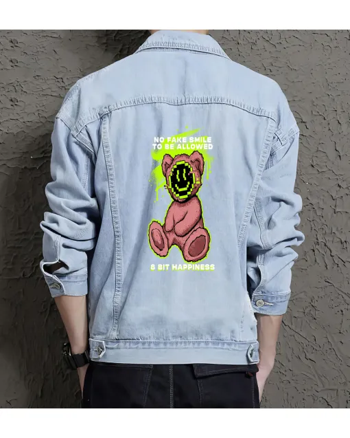 Teddy Bear Jean Jacket for Men – Gift for Streetwear Fans – Christmas Gift - Light Blue - Main View