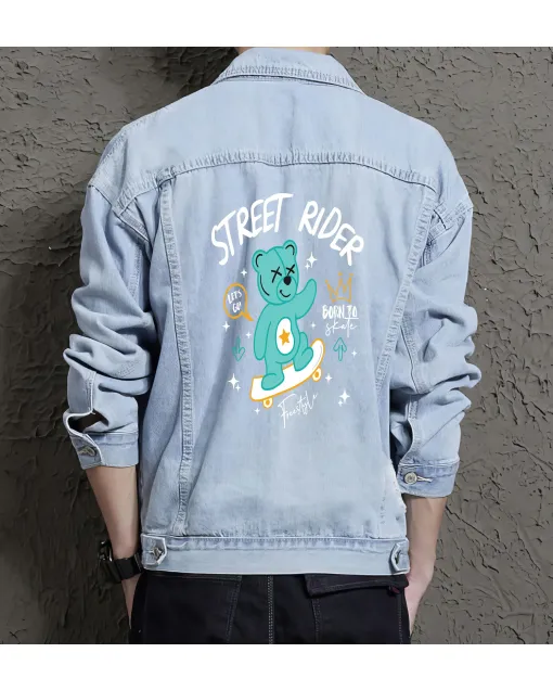 Teddy Bear Jean Jacket for Men – Gift for Streetwear Fans – Christmas Gift - Light Blue - Main View