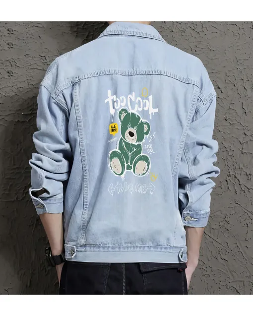 Teddy Bear Jean Jacket for Men – Gift for Streetwear Fans – Birthday Present - Light Blue - Main View