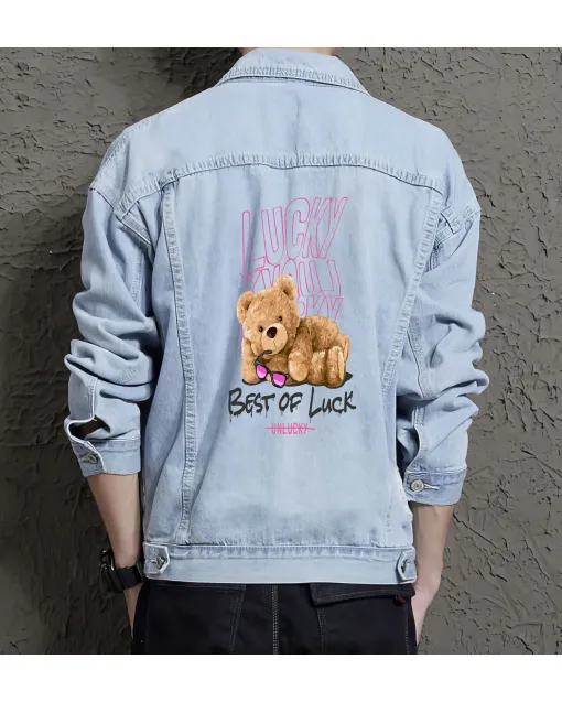 Teddy Bear Jean Jacket for Men – Gift for Streetwear Fans – Christmas Gift - Light Blue - Main View