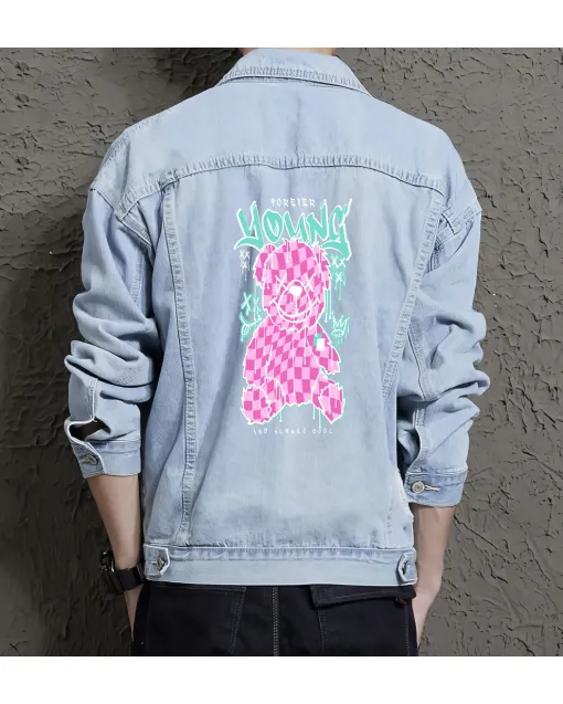 Teddy Bear Jean Jacket for Men – Gift for Streetwear Fans – Christmas Gift - Light Blue - Main View