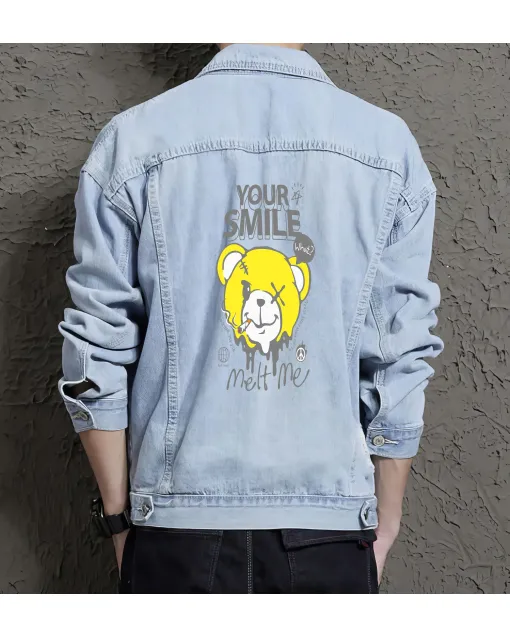 Teddy Bear Jean Jacket for Men – Gift for Streetwear Fans – Christmas Gift - Light Blue - Main View