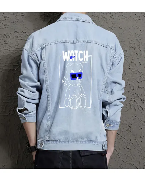 Teddy Bear Jean Jacket for Men – Gift for Streetwear Fans – Christmas Gift - Light Blue - Main View