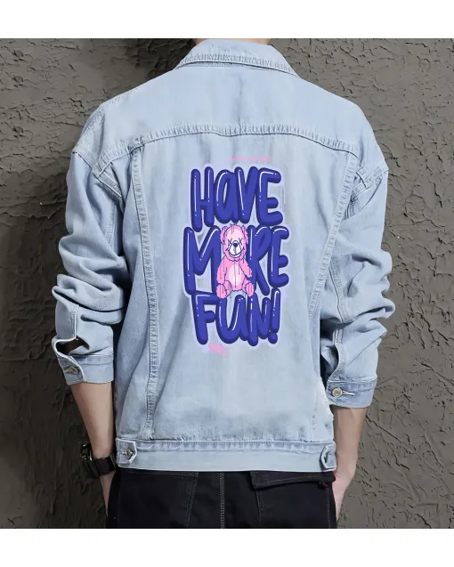 Teddy Bear Jean Jacket for Men – Gift for Streetwear Fans – Christmas Gift - Light Blue - Main View