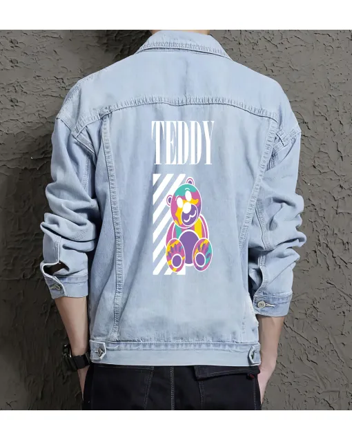 Teddy Bear Jean Jacket for Men – Gift for Streetwear Fans – Birthday Present - Light Blue - Main View