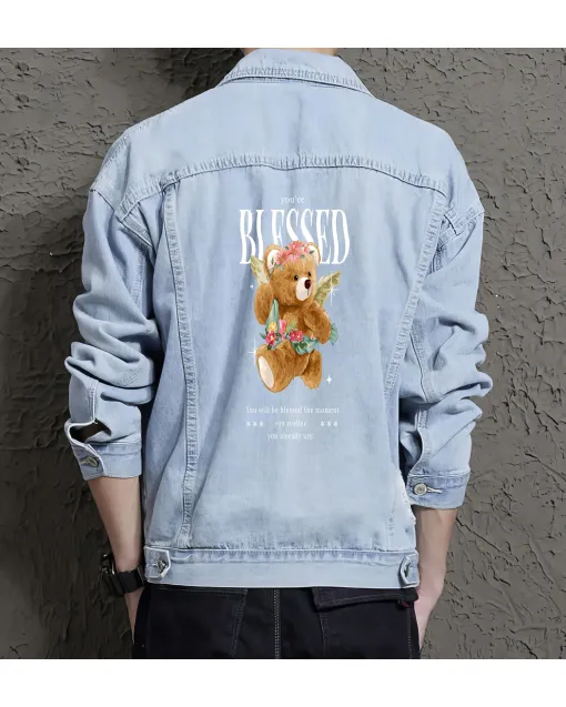 Teddy Bear Jean Jacket for Men – Gift for Streetwear Fans – Christmas Gift - Light Blue - Main View