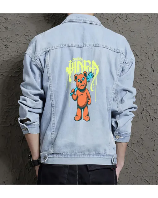 Teddy Bear Jean Jacket for Men – Gift for Streetwear Fans – Christmas Gift - Light Blue - Main View