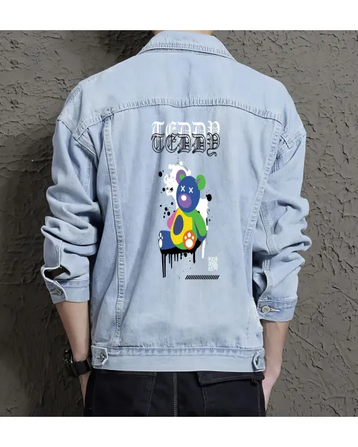 Teddy Bear Jean Jacket for Men – Gift for Streetwear Fans – Christmas Gift - Light Blue - Main View