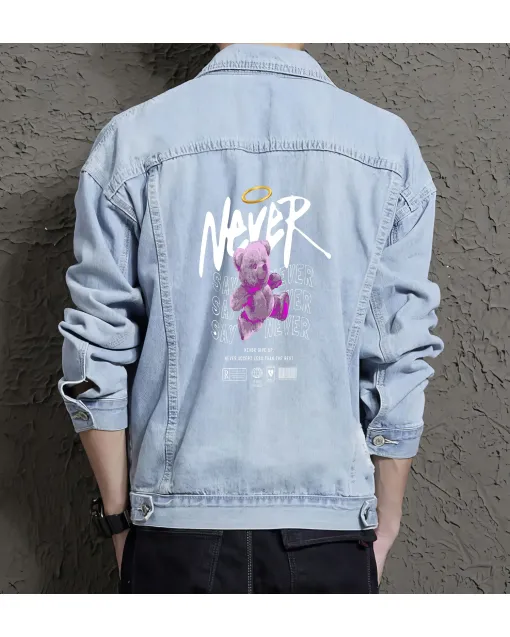 Teddy Bear Jean Jacket for Men – Gift for Streetwear Fans – Birthday Present - Light Blue - Main View