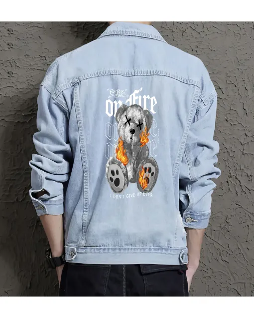 Teddy Bear Jean Jacket for Men – Gift for Streetwear Fans – Christmas Gift - Light Blue - Main View