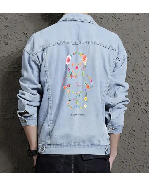 Teddy Bear Jean Jacket for Men – Gift for Streetwear Fans – Christmas Gift - Light Blue - Main View
