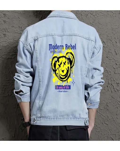 Teddy Bear Jean Jacket for Men – Gift for Streetwear Fans – Christmas Gift - Light Blue - Main View