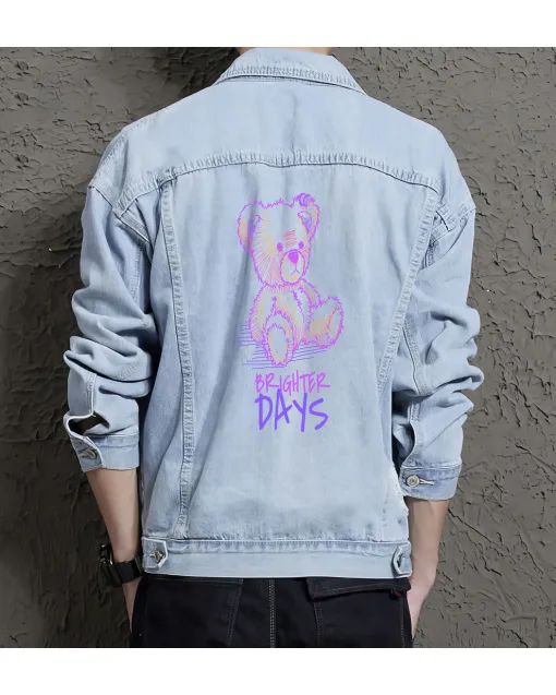 Teddy Bear Jean Jacket for Men – Gift for Streetwear Fans – Christmas Gift - Light Blue - Main View