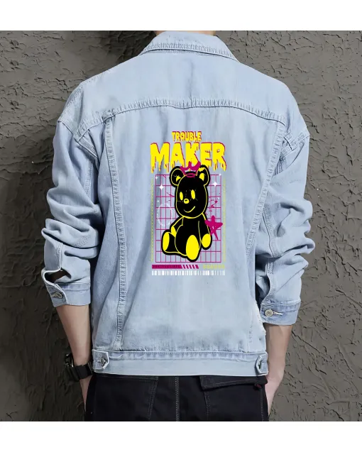 Teddy Bear Jean Jacket for Men – Gift for Streetwear Fans – Christmas Gift - Light Blue - Main View