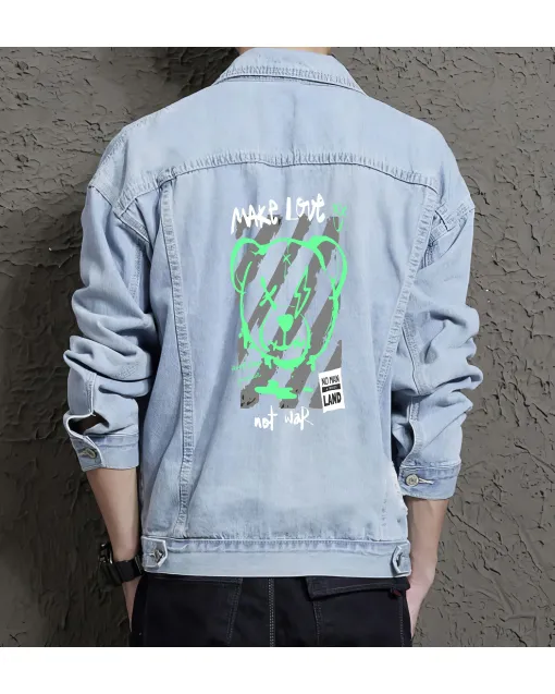 Teddy Bear Jean Jacket for Men – Gift for Streetwear Fans – Birthday Present - Light Blue - Main View