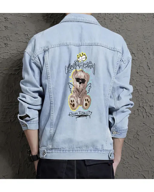 Teddy Bear Jean Jacket for Men – Gift for Streetwear Fans – Birthday Present - Light Blue - Main View