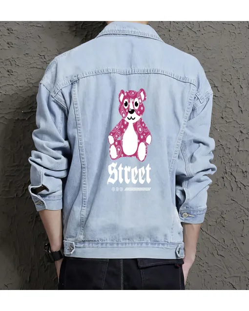 Teddy Bear Jean Jacket for Men – Gift for Streetwear Fans – Birthday Present - Light Blue - Main View
