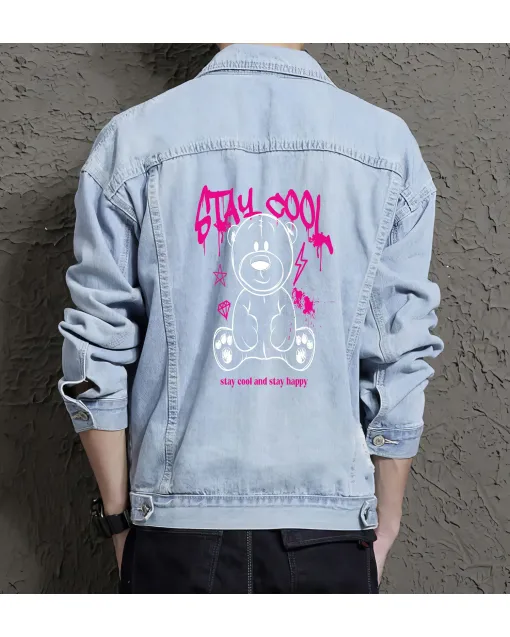 Teddy Bear Jean Jacket for Men – Gift for Streetwear Fans – Christmas Gift - Light Blue - Main View