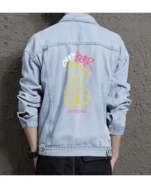 Teddy Bear Jean Jacket for Men – Gift for Streetwear Fans – Holiday Gift - Light Blue - Main View