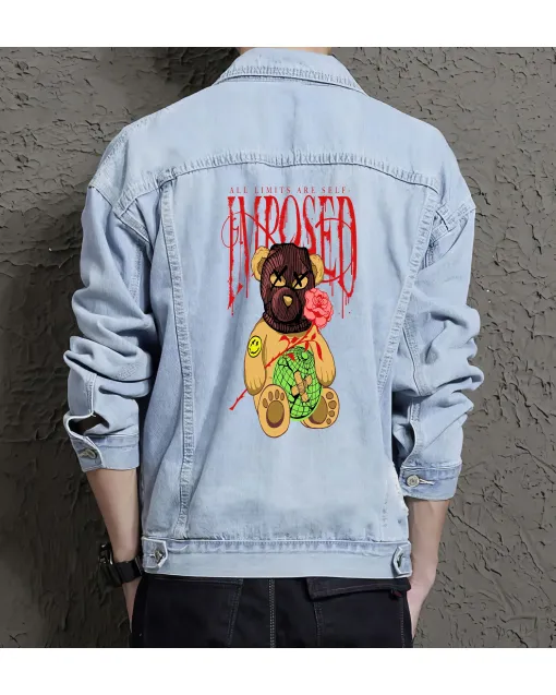 Teddy Bear Jean Jacket for Men – Gift for Streetwear Fans – Birthday Present - Light Blue - Main View