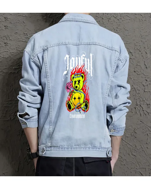 Teddy Bear Jean Jacket for Men – Gift for Streetwear Fans – Christmas Gift - Light Blue - Main View