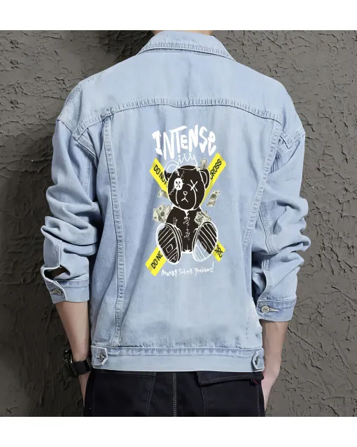Teddy Bear Jean Jacket for Men – Gift for Streetwear Fans – Birthday Present - Light Blue - Main View