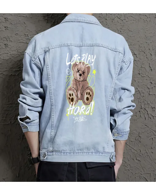 Teddy Bear Jean Jacket for Men – Gift for Streetwear Fans – Christmas Gift - Light Blue - Main View
