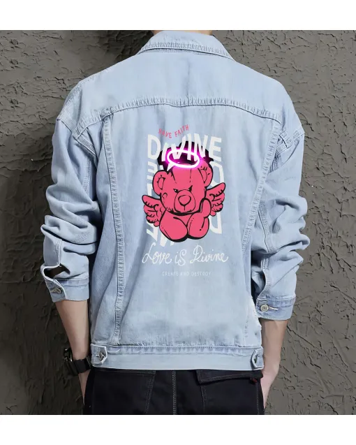 Teddy Bear Jean Jacket for Men – Gift for Streetwear Fans – Birthday Present - Light Blue - Main View