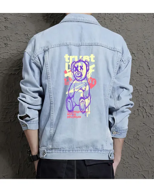 Teddy Bear Jean Jacket for Men – Gift for Streetwear Fans – Christmas Gift - Light Blue - Main View