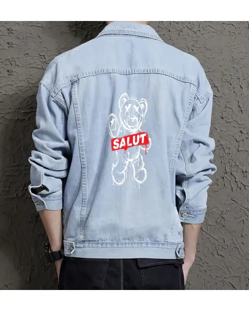 Teddy Bear Jean Jacket for Men – Gift for Streetwear Fans – Christmas Gift - Light Blue - Main View