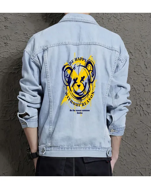 Teddy Bear Jean Jacket for Men – Gift for Streetwear Fans – Birthday Present - Light Blue - Main View