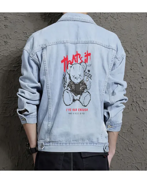 Teddy Bear Jean Jacket for Men – Gift for Streetwear Fans – Christmas Gift - Light Blue - Main View