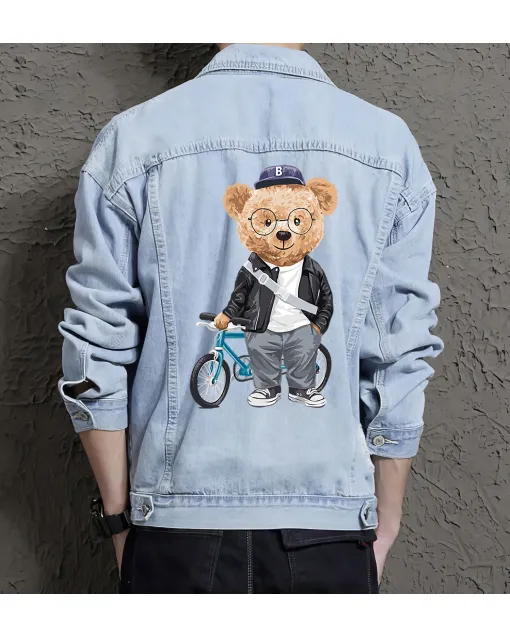 Teddy Bike Jean Jacket for Men – Gift for Teen Boys – Christmas Gift - Light Blue - Main View