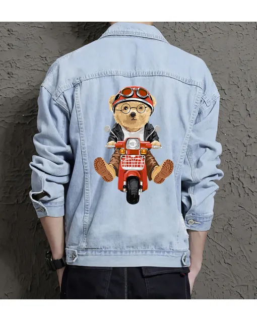 Teddy Biker Jean Jacket for Men – Gift for Streetwear Fans – Christmas Gift - Light Blue - Main View