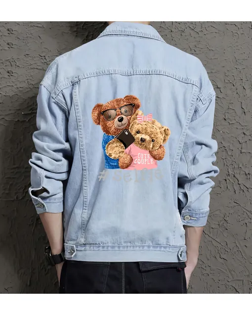Teddy Couple Selfie Jean Jacket for Men – Gift for Boyfriends – Christmas Gift - Light Blue - Main View