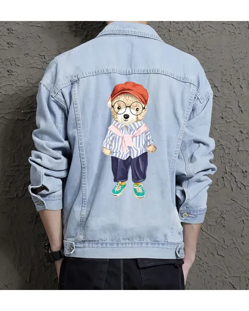 Teddy Cute Dog Jean Jacket for Men – Gift for Streetwear Fans – Birthday Present - Light Blue - Main View
