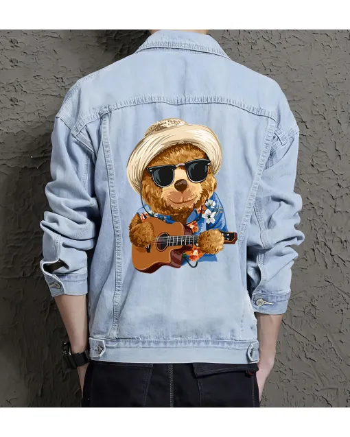 Teddy Guitar Jean Jacket for Men – Gift for Music Fans – Birthday Present - Light Blue - Main View