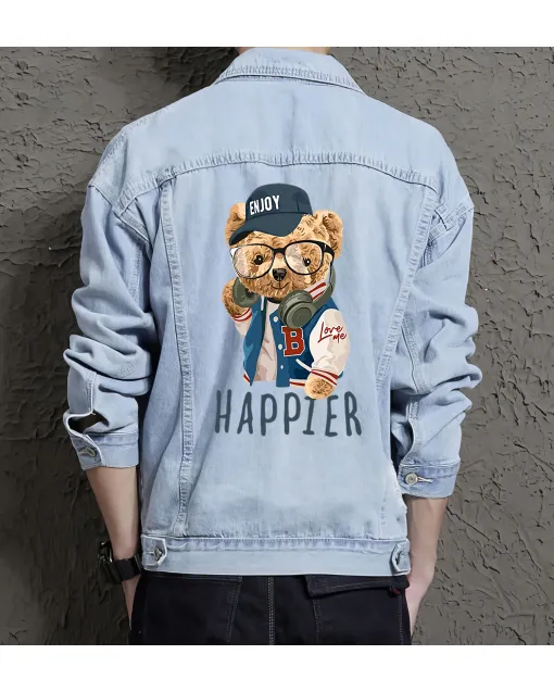 Teddy Happier Jean Jacket for Men – Gift for Streetwear Fans – Birthday Present - Light Blue - Main View