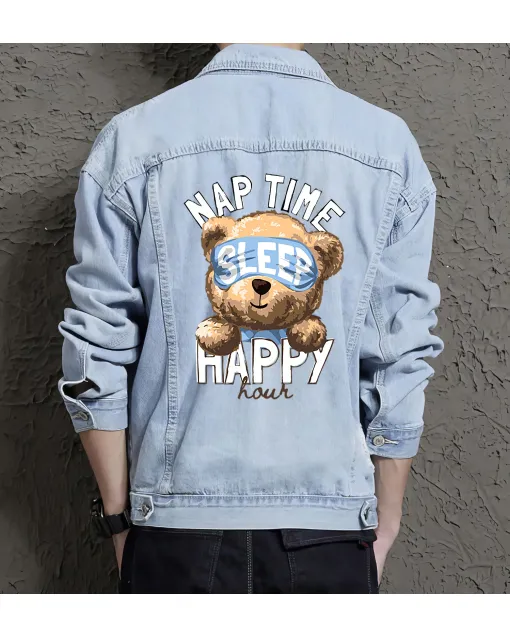 Teddy Happy Hour Jean Jacket for Men – Gift for Streetwear Fans – Holiday Gift - Light Blue - Main View