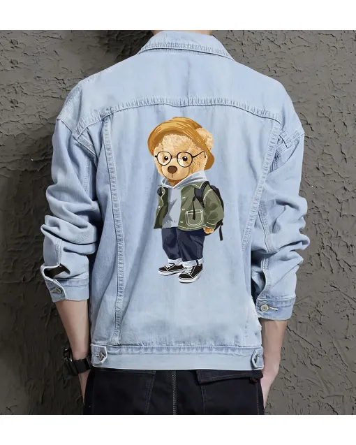 Teddy in School Jean Jacket for Men – Gift for Teen Boys – Back-to-school Gift - Light Blue - Main View